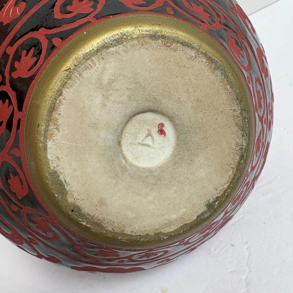 Vintage Hand Enameled Black on Red Floral Porcelain Round Decorarive Vase